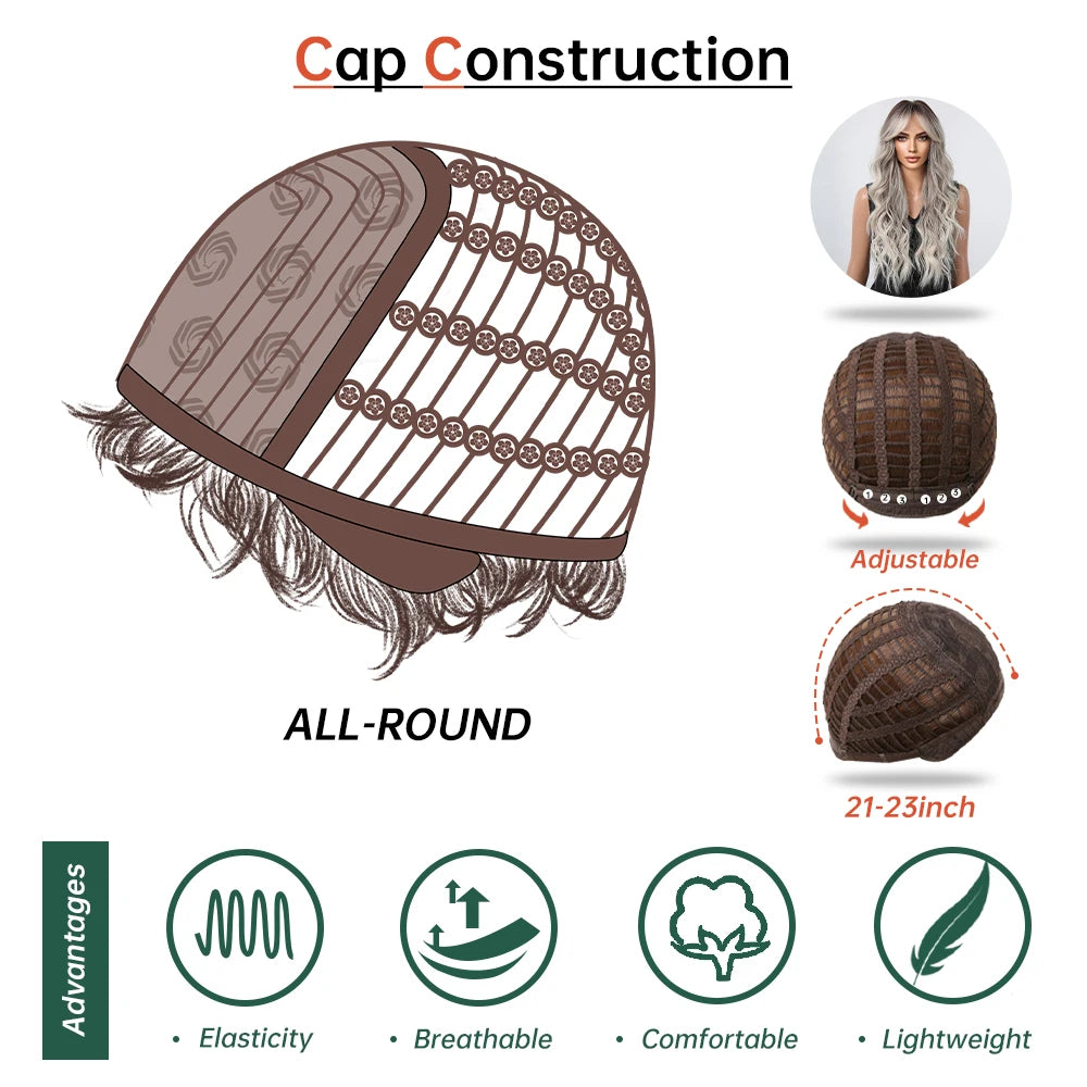 Long Wavy Gray Ash Brown Blonde Ombre Synthetic Wigs with Bangs Cosplay Natural Curly Hair Wig for Women Afro Heat Resistant