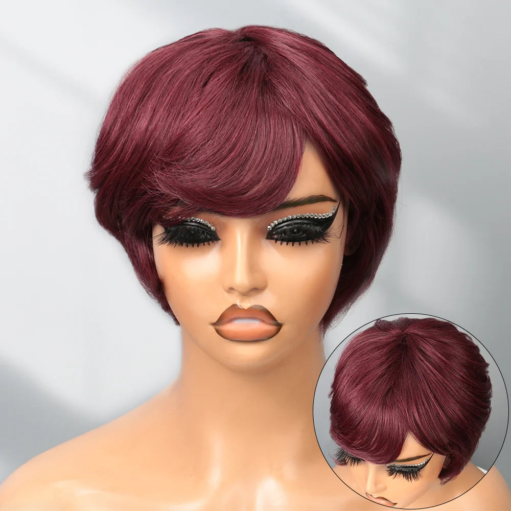 Burgundy Pixie Cut Wig Human Hair Wigs Human Hair Wig with Bangs Natural Short 99J Wig Layered Wavy Different Style Short Wigs