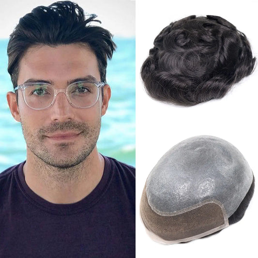 8x10 BIO Swiss Lace With PU Men Toupee Human Hair Natural Hairline 30mm Wave Lace Front Male Wig Units Replacement Prosthesis