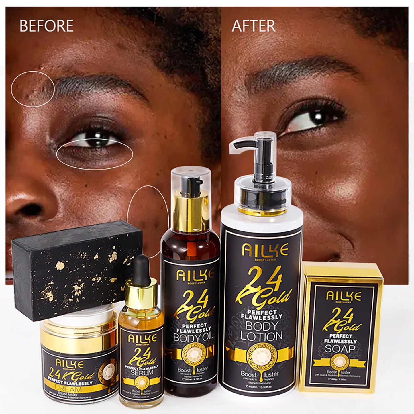 AILKE 24K Gold Perfect Flawlessly Lightening Skin Care Kit, Moisturizing, Smooth Skin, Even Skin Tone, Reduce Wrinkles