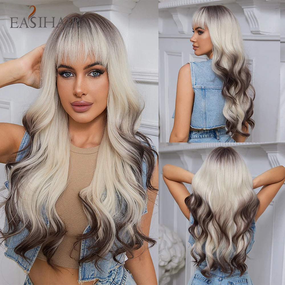 Ombre Light Brown Wigs with Bangs Blonde Highlight Long Curly Wavy Synthetic Wigs for Women Daily Cosplay Party Heat Resistant