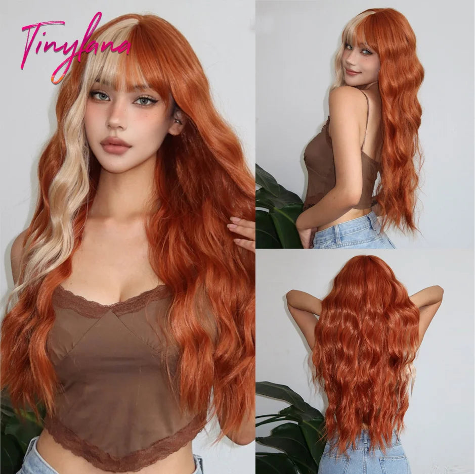 Long Curly White Platinum Synthetic Wigs with Bangs for Women Afro Cosplay Lolita Wavy Wig Natural Hair Heat Reisitant Daily Use