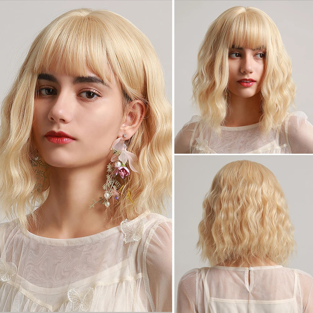 Gray Purple Pink Short Bob Synthetic Wigs with Bangs Curly Cosplay Ombre Wig for Women Afro Natural Wave Heat Resistant Hair