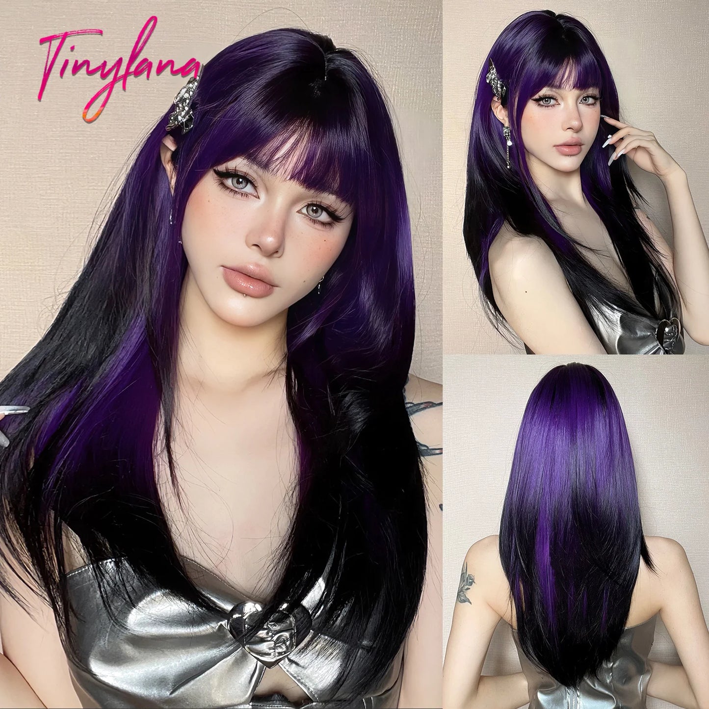 Long Straight Black Purple Synthetic Wig with Bangs Purple Ombre Cosplay Layered Wig for Women Party Heat Resistant Natural Hair