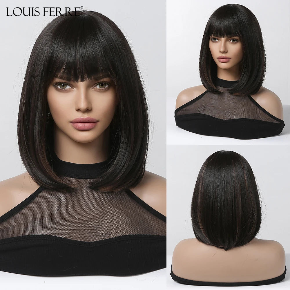 LOUIS FERRE Straight Pink Synthetic Wig for Women Short Bob Wig With Bangs Natural Hair Lolita Cosplay Heat Resistant Fashion