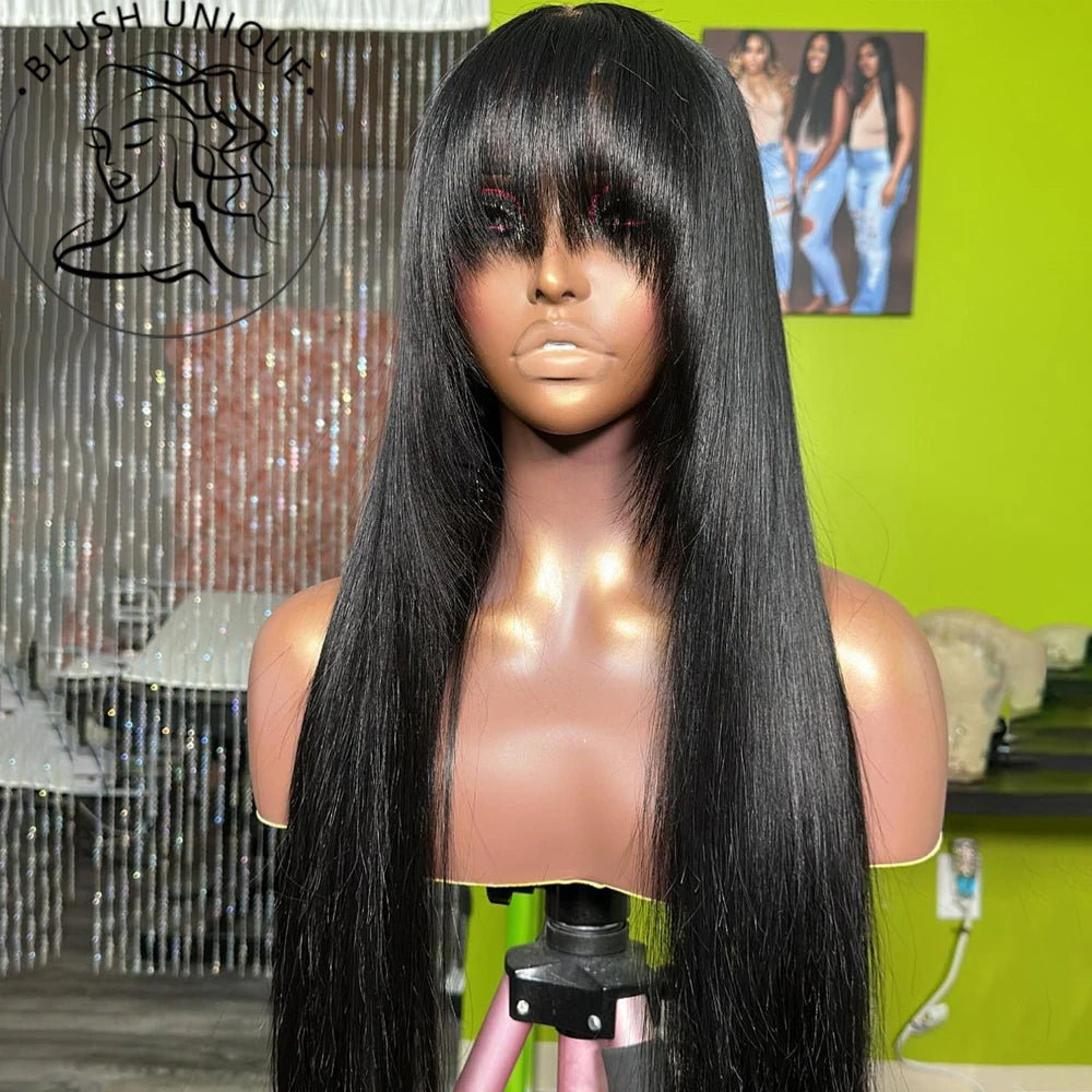 Reddish Brown Straight Layered Cut Lace Wigs with Bangs HD Lace Fake Scalp Synthetic Natural Layered Lace Front Wig Glueless Wig