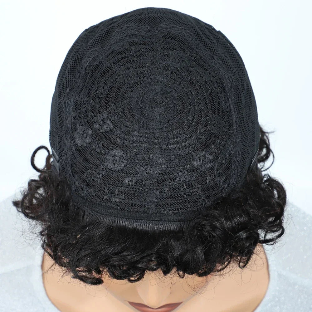 Brazilian Afro Puff Pixie Bob Wig 99J Natural Brown Full Machine Made Pre-Plucked Bangs 100% Human Hair For Black Women