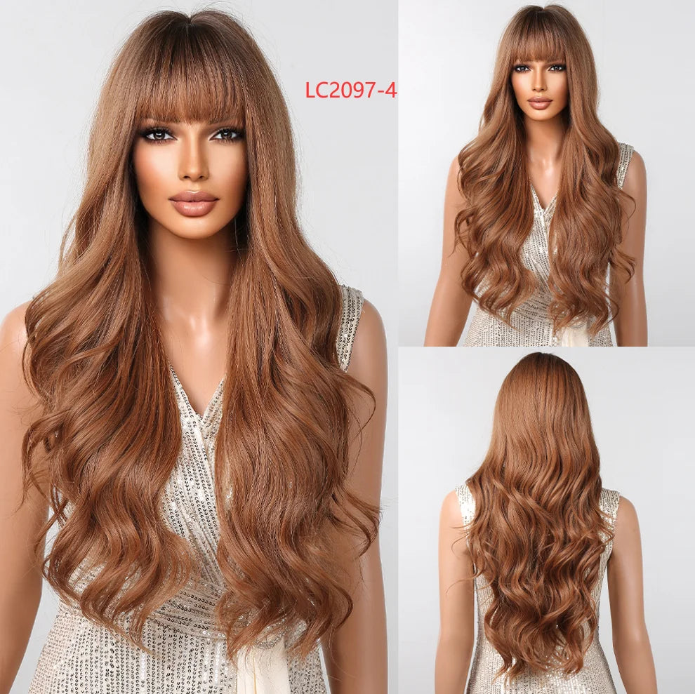 Long Wavy Gray Ash Brown Blonde Ombre Synthetic Wigs with Bangs Cosplay Natural Curly Hair Wig for Women Afro Heat Resistant