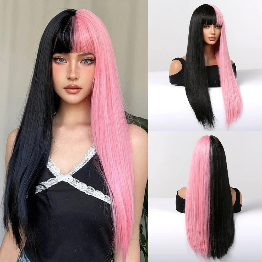 Long Straight Pink Mixed White Synthetic Wigs with Bangs Halloween Cosplay Colorful Wigs for Women Natural Hair Heat Resistant
