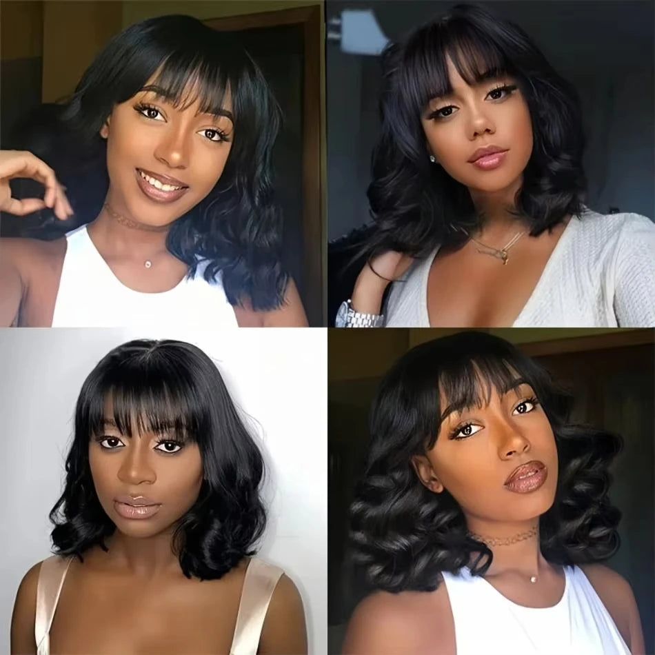 Body Wave Short Bob Human Hair Wig With Bangs Glueless Full Machine Made Wig For Women Brazilian Water Wave Bob Wig With Bangs