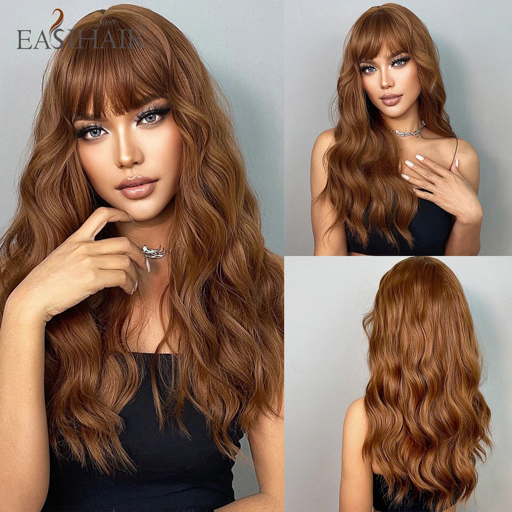 EASIHAIR Brown Black Kinky Curly Wave Synthetic Wigs with Bangs Deep Wave Long Hair Wigs for Women Daily Cosplay Heat Resistant