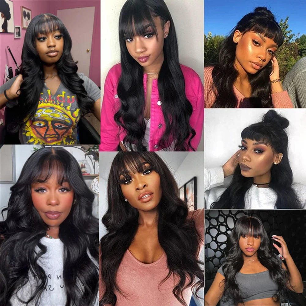 30 Inch Body Wave Human Hair Wigs With Bangs Full Machine Made Scalp Wig For Women Brazilian Remy Hair Fringe Bangs Wig 30 Inch