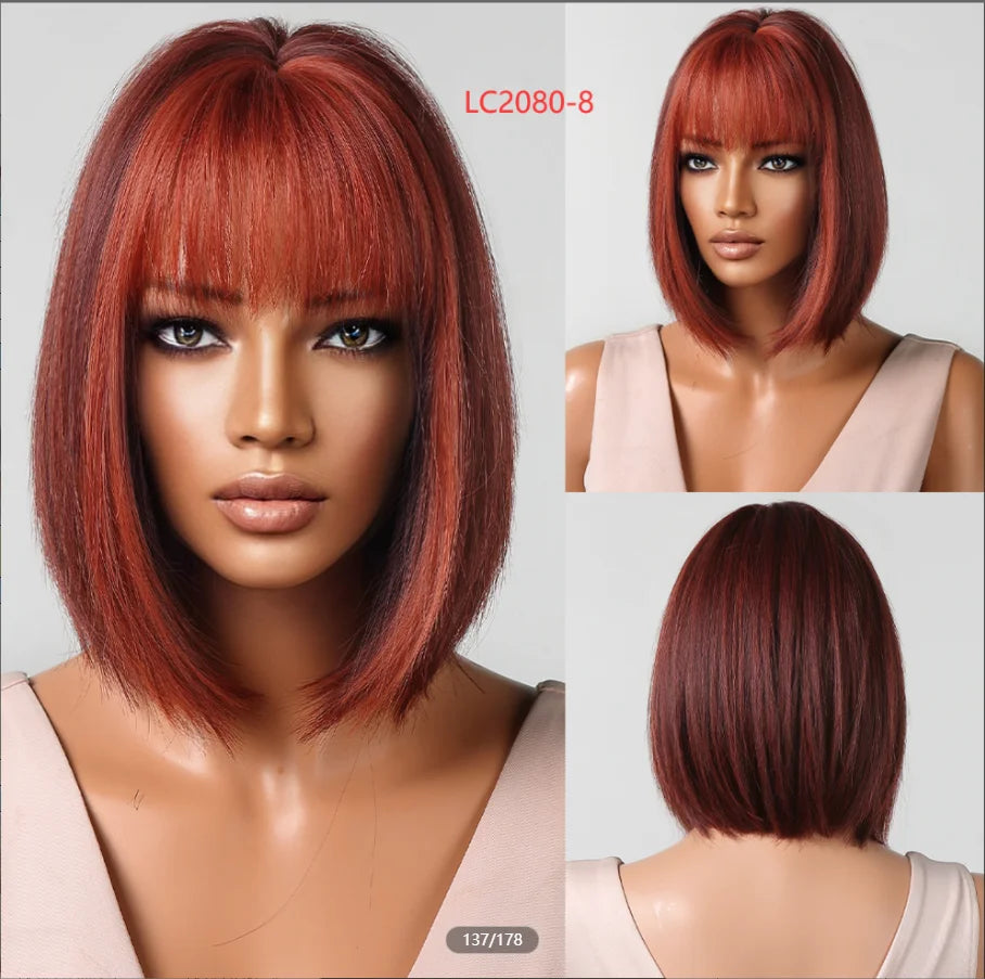 Short Straight Synthetic Wigs Black Mixed Ginger Orange Wigs for Women Natural Hair With Bangs Heat Resistant Daily Cosplay Wigs