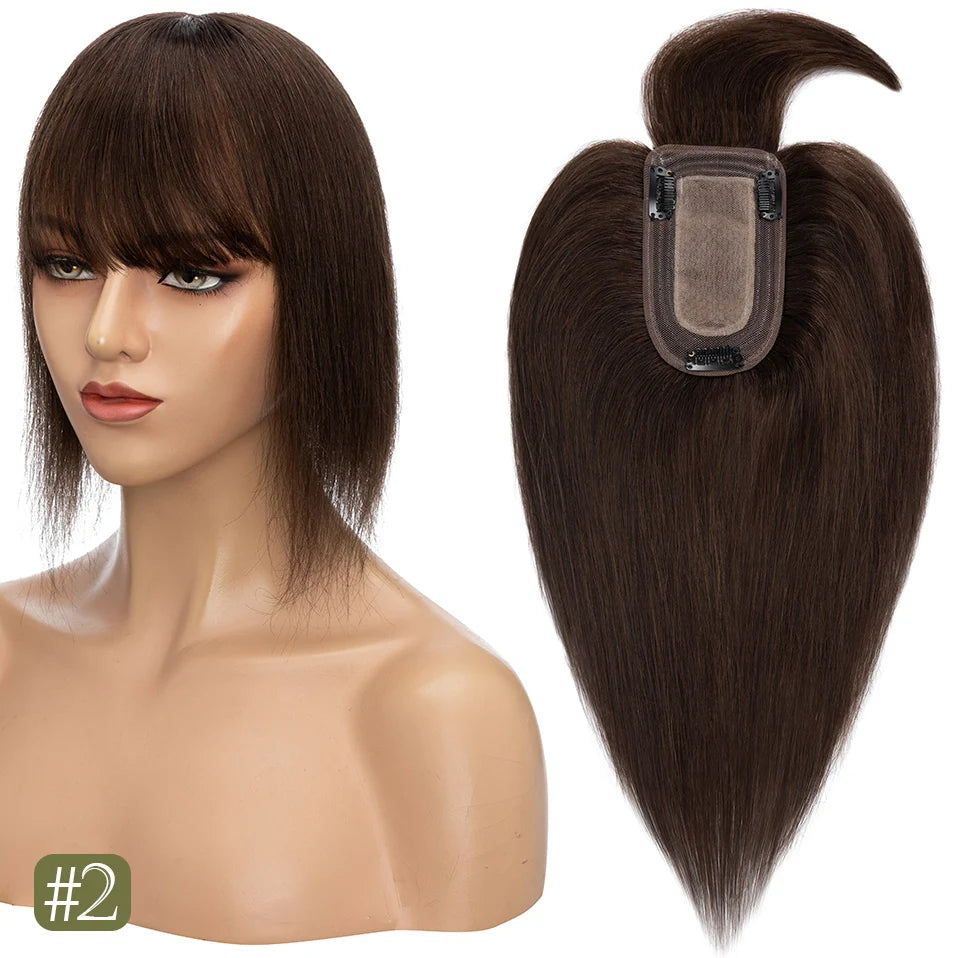 TESS Women Topper 7x12.5cm Hair Toppers With Bangs Natural Hair Wig Human Hair Silk Base Center Part Hair Clip In Hair Extension