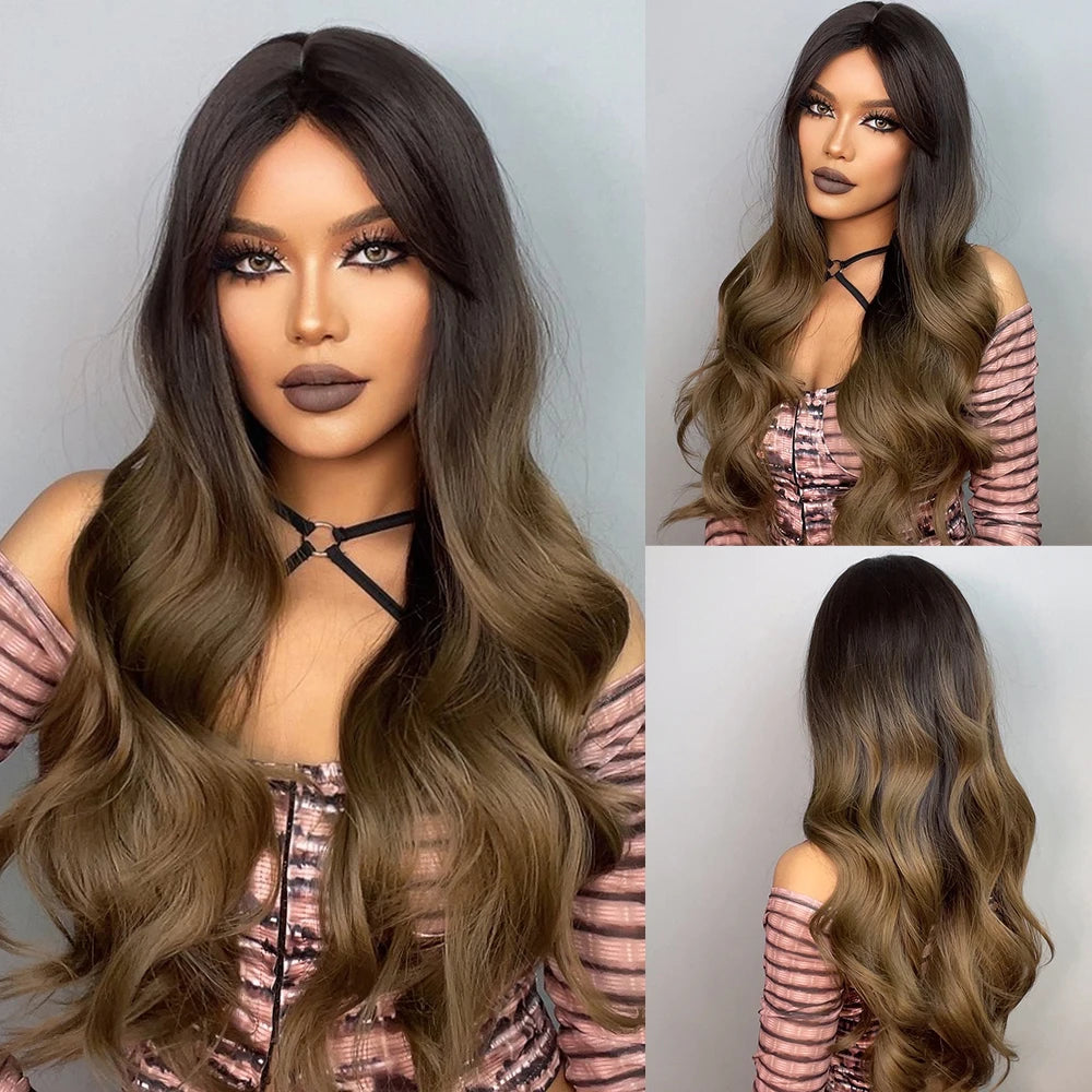 Long Wavy Gray Ash Brown Blonde Ombre Synthetic Wigs with Bangs Cosplay Natural Curly Hair Wig for Women Afro Heat Resistant