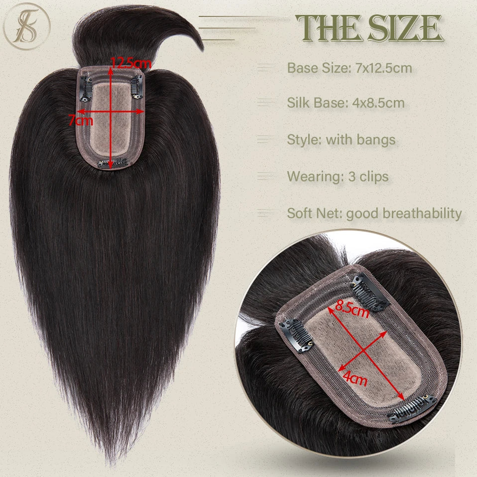 TESS Women Topper 7x12.5cm Hair Toppers With Bangs Natural Hair Wig Human Hair Silk Base Center Part Hair Clip In Hair Extension