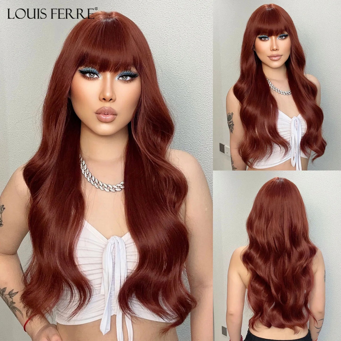 LOUIS FERRE Dark Brown Long Wavy Natural Hair Women's Synthetic Wig With Bangs Long Water Wave Daily Cosplay Hair Heat Resistant