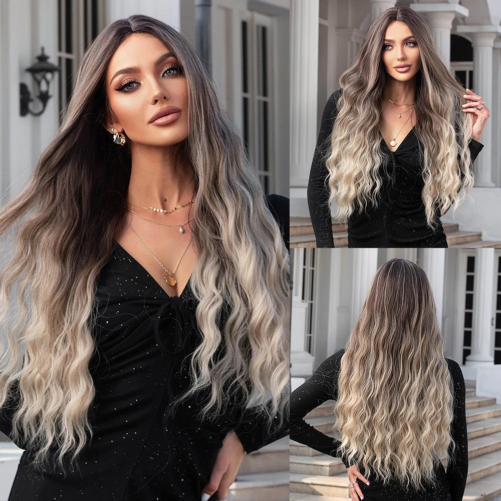 Long Wavy Gray Ash Brown Blonde Ombre Synthetic Wigs with Bangs Cosplay Natural Curly Hair Wig for Women Afro Heat Resistant