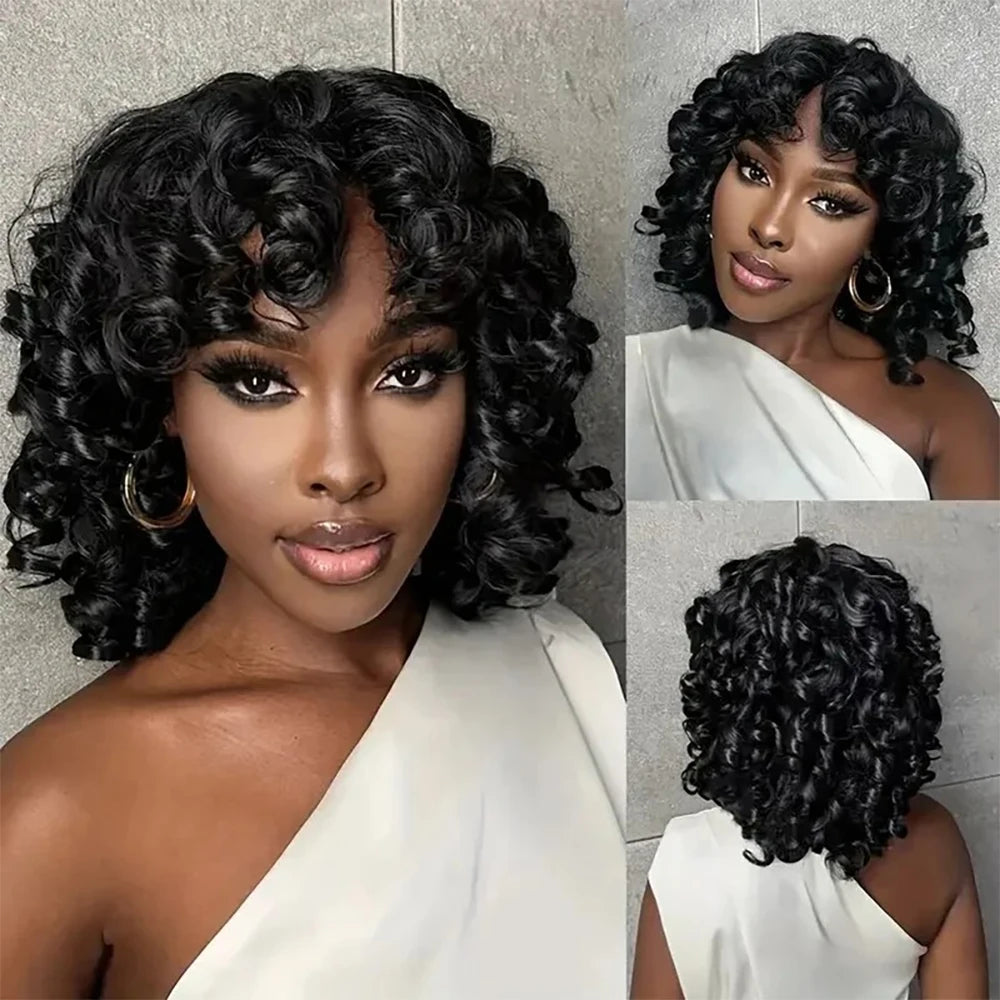 Ready to Wear Funmi Curly Full Machine Made Short Bob Wig with Bangs Glueless Loose Curly Vietnamese Human Hair Wigs for Women