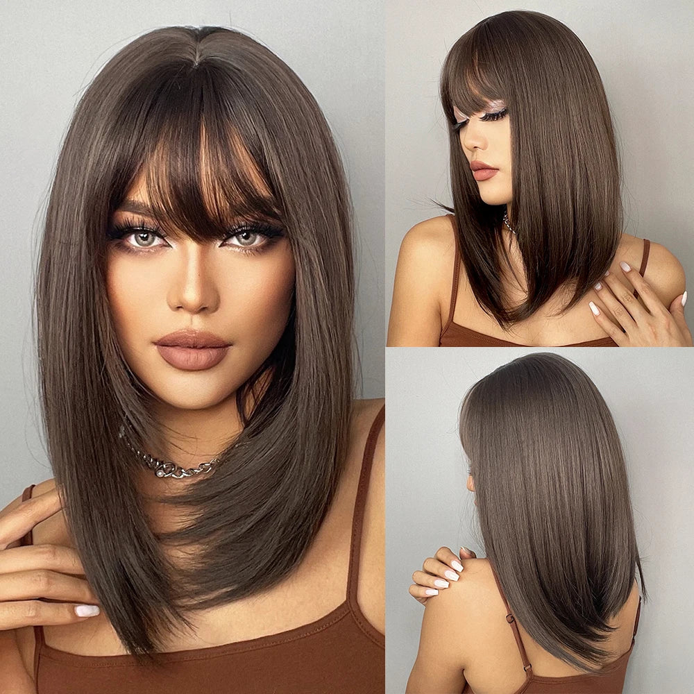 HENRY MARGU Brown Short Bob Straight Wigs with Pink Highlight Women Brown Daily Wig Synthetic Hair Wig with Bangs Heat Resistant
