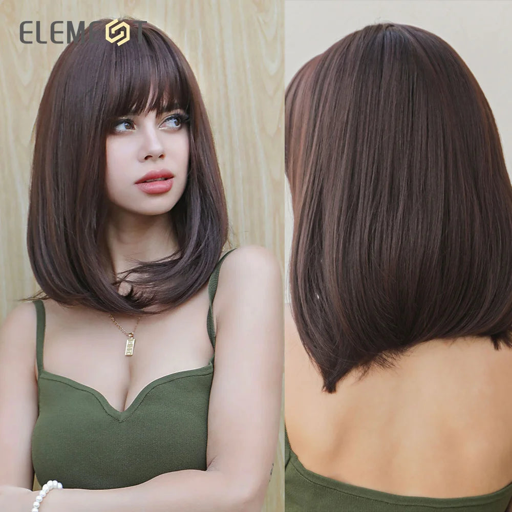 ELEMENT Synthetic Short Straight Wig Black Ombre Blonde Bob Wigs with Bangs for Women Cosplay Party Daily Hair Headband