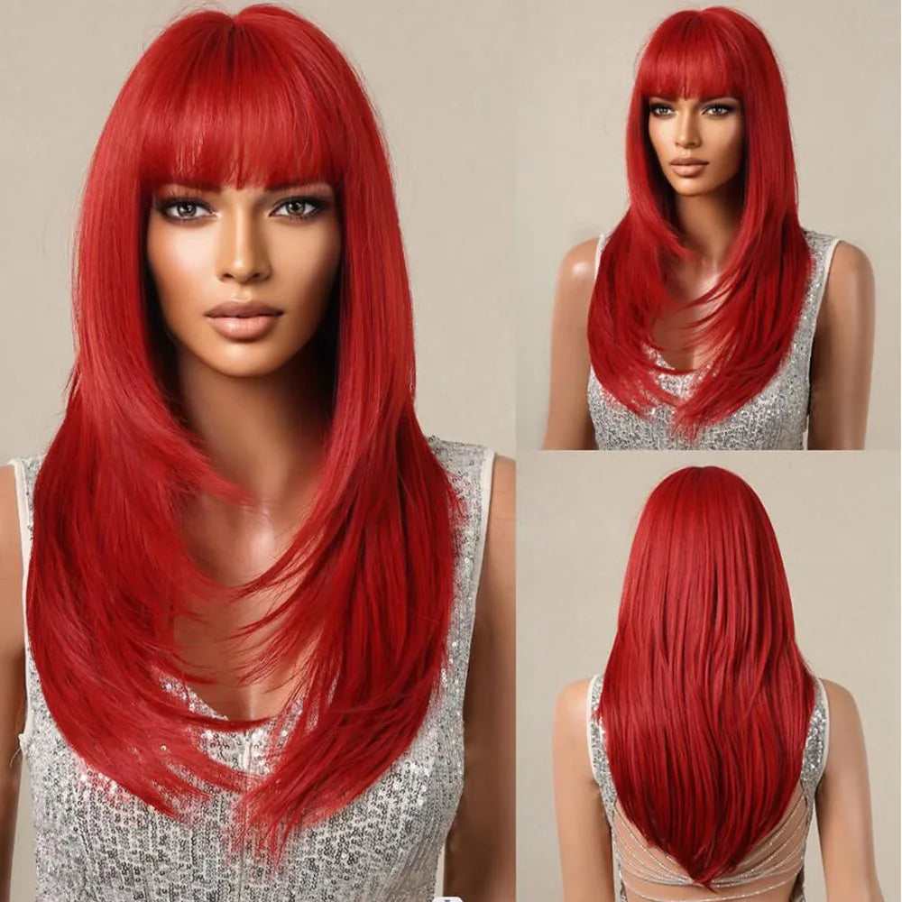 HENRY MARGU Ombre Red to Black Synthetic Wigs with Bangs Long Straight Layered Wig Colored Party Heat Resistant Hair for Women