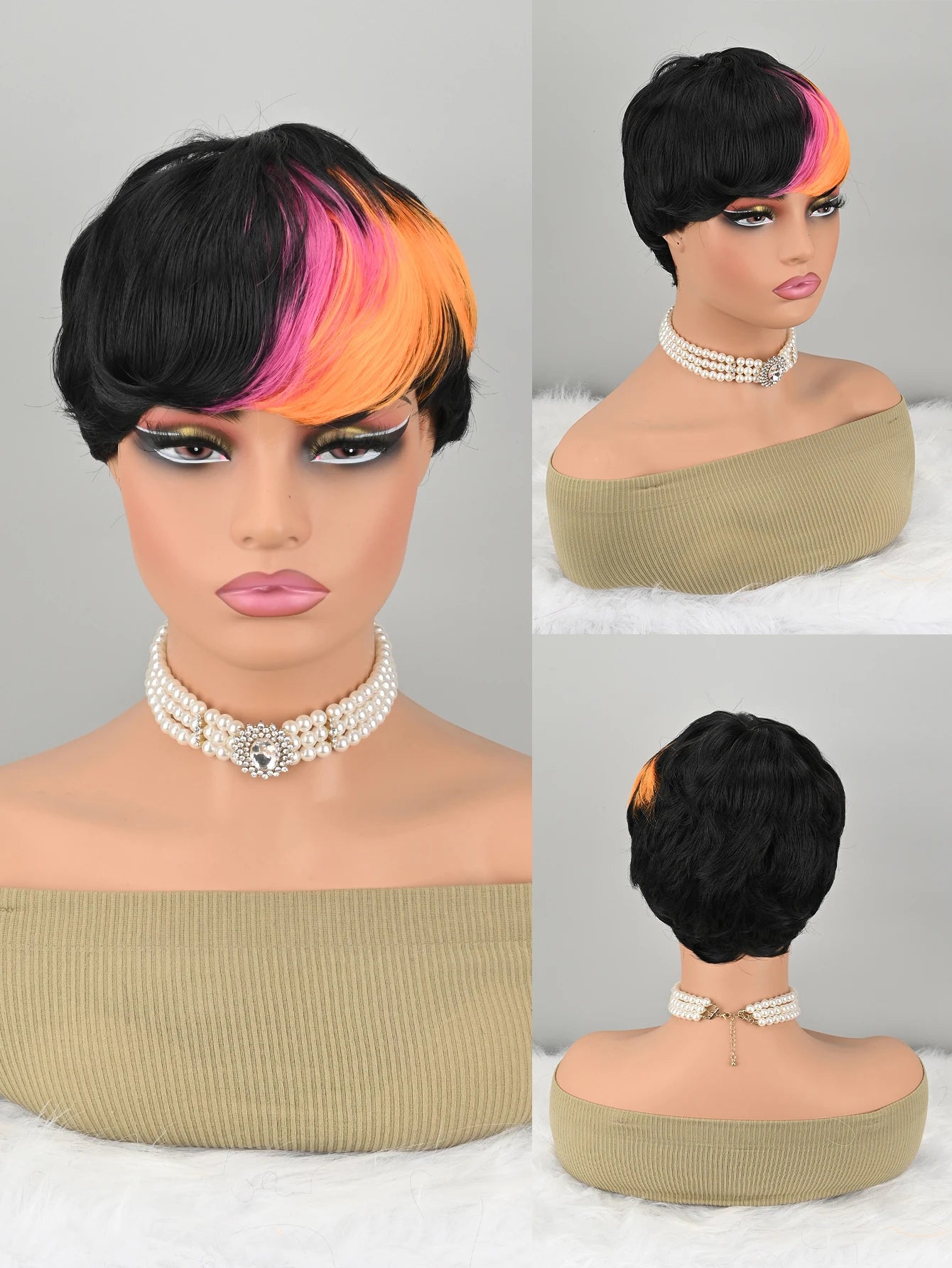 Short Bob synthetic Wig for Pixie Cut wigs Glueless Wig None Front Wig with Bangs Straight Full