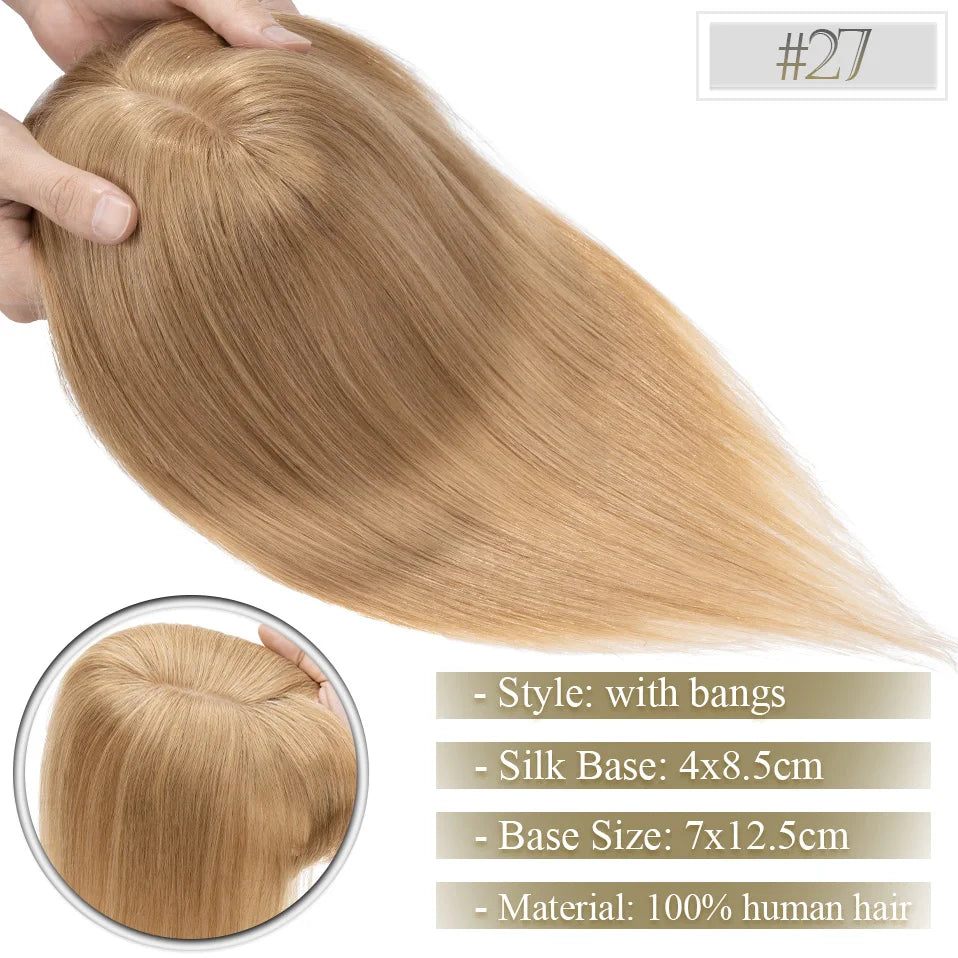 TESS Women Topper 7x12.5cm Hair Toppers With Bangs Natural Hair Wig Human Hair Silk Base Center Part Hair Clip In Hair Extension