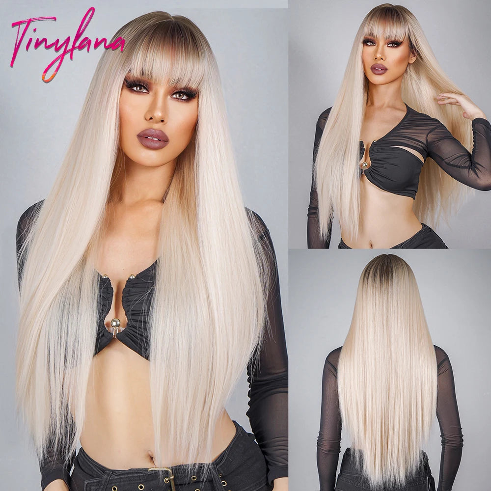 Ombre Gray Brown Synthetic Wigs Long Straight Ash Cosplay Wig with Bangs for Women Afro Natural Party Daily Heat Resistant Hair