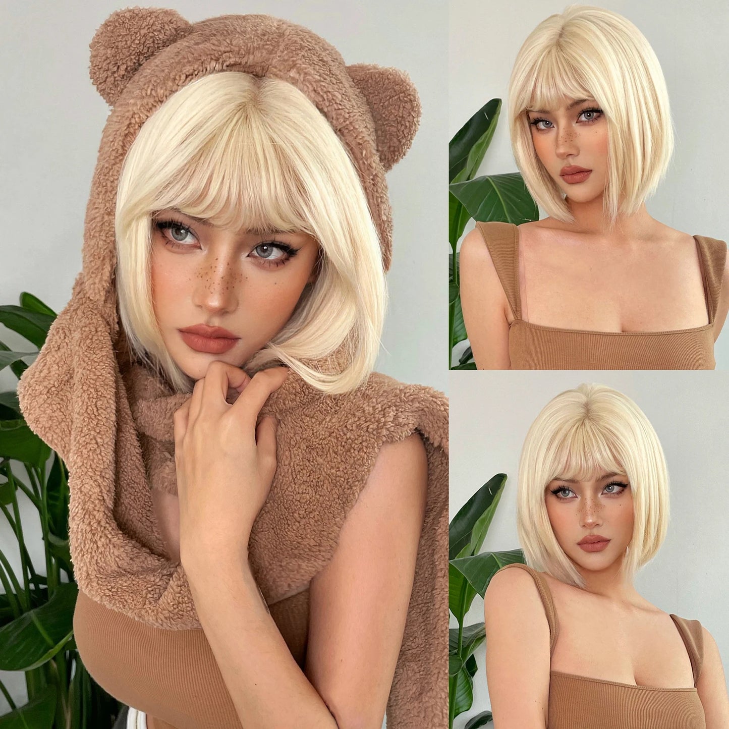 HENRY MARGU Ombre White Blonde Bob Synthetic Wig Short Straight with Bangs Natural Hair Wig for Women Cosplay Wig Heat Resistant