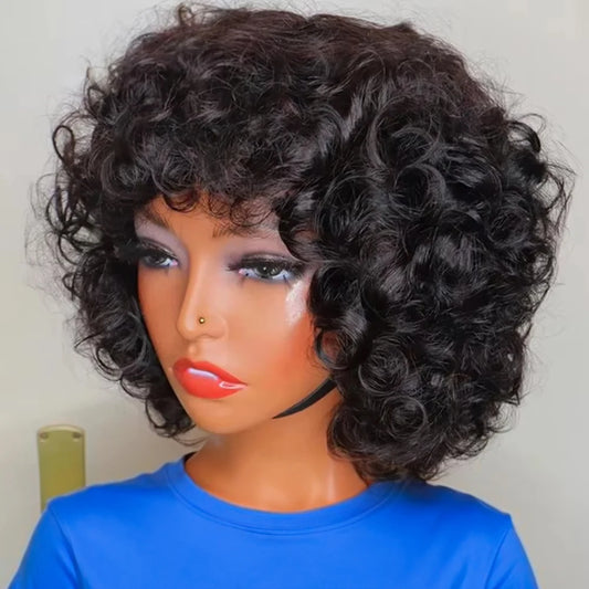 Funmi Curly Full Machine Made Short Bob Wig with Bangs Glueless Ready to Wear Loose Curly Vietnamese Human Hair Wigs for Women