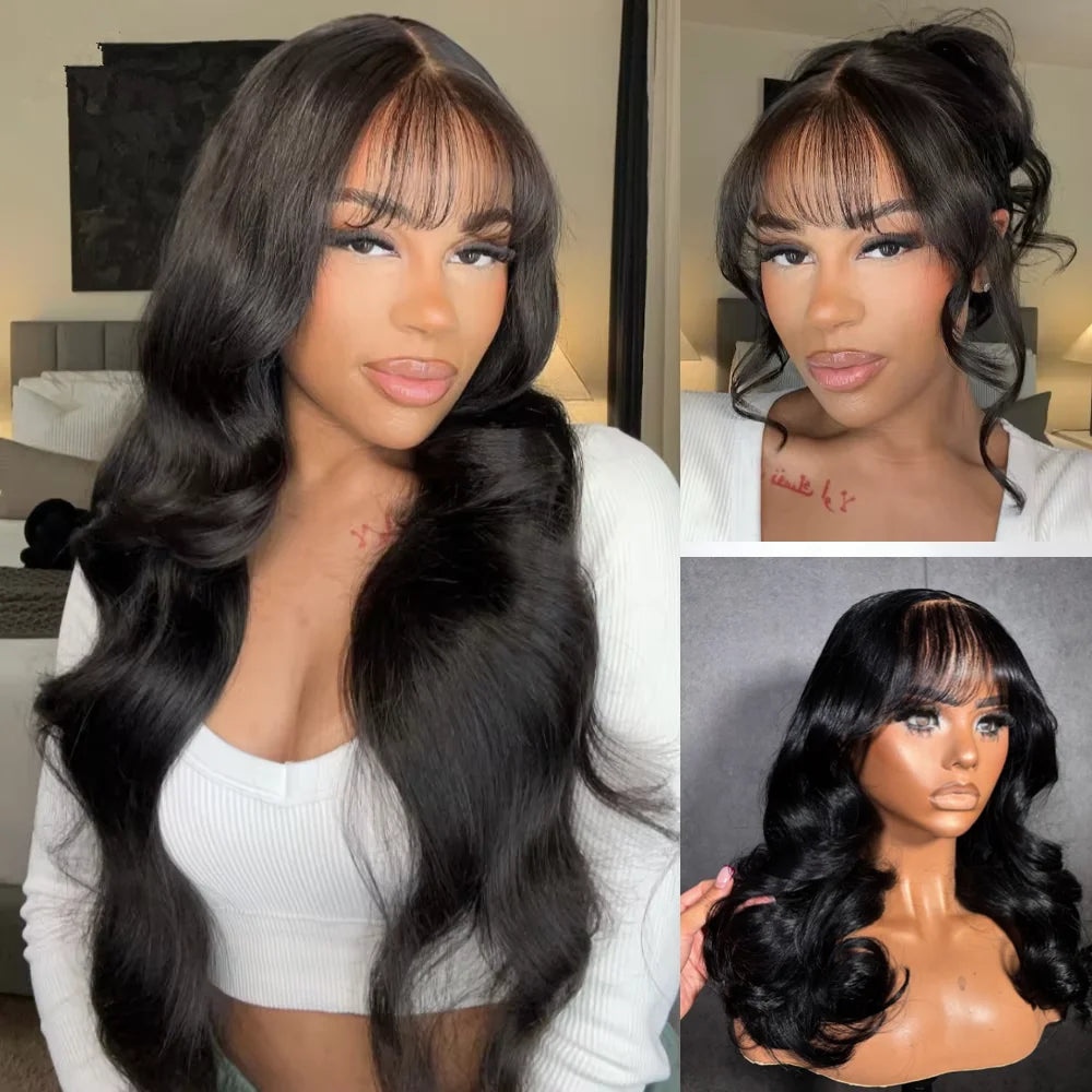 30 Inch Body Wave Human Hair Wigs With Bangs Full Machine Made Scalp Wig For Women Brazilian Remy Hair Fringe Bangs Wig 30 Inch