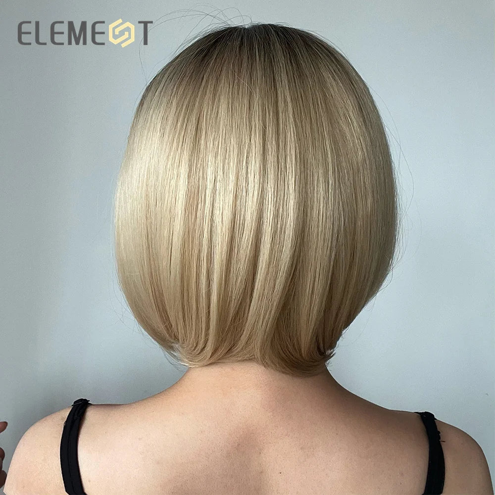 ELEMENT Synthetic Short Straight Wig Black Ombre Blonde Bob Wigs with Bangs for Women Cosplay Party Daily Hair Headband