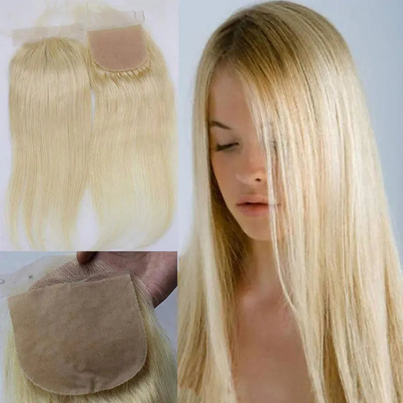 Brazilian Virgin Human Hair Lace Closure For Women Silk Base Top Straight Natural Blonde, Free Part Closure 4x4 "#613 Color