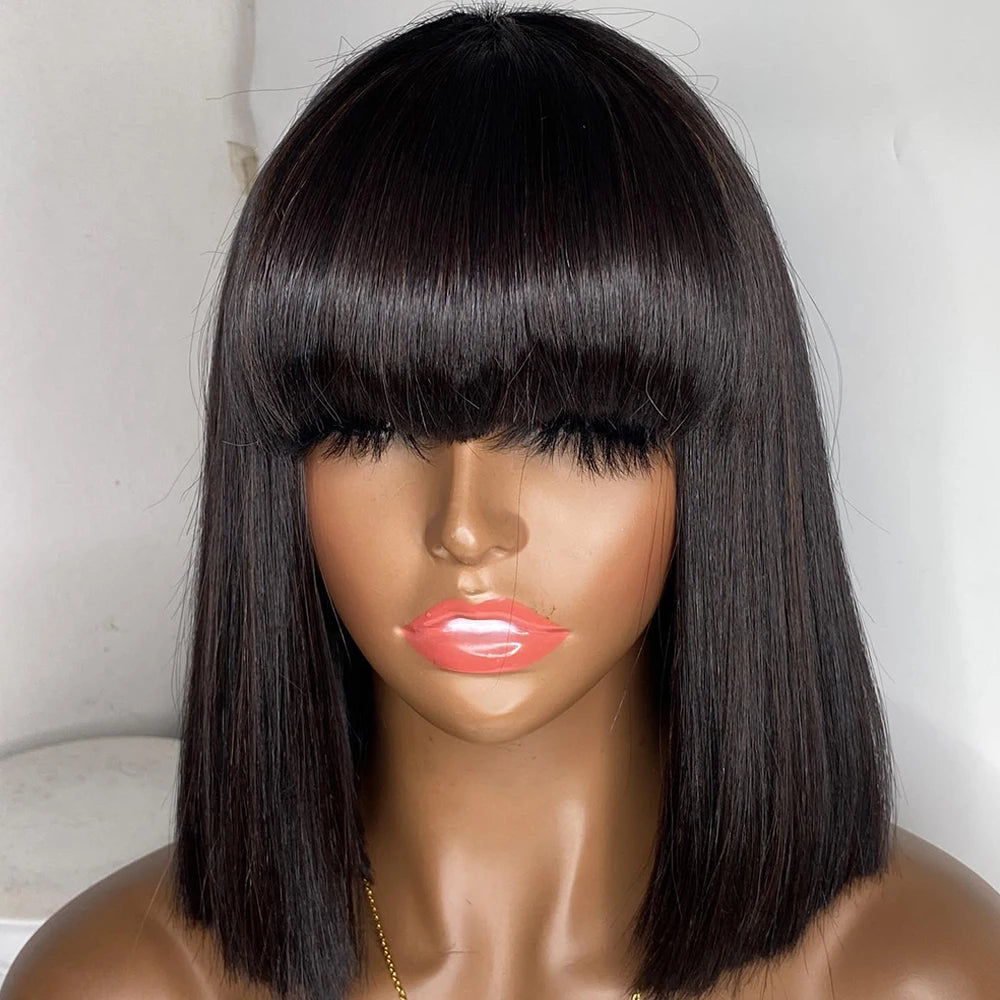 Pre Plucked Short Bob Human Hair Bone Straight Wig With Bangs 3x1 Lace Wig Glueless Brazilian Wig For Black Women Ready To Wear