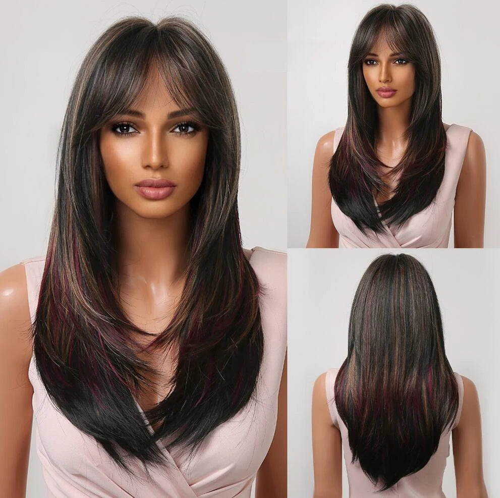 Gray Ash Blonde Pink Highlight Synthetic Hair Wigs with Bangs Long Straight Ombre Cosplay Wig for Women Natural Layered Hair