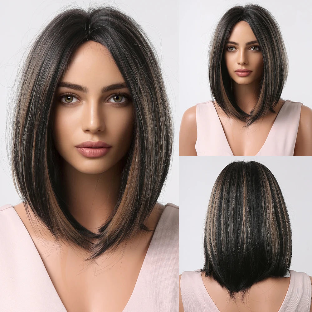 HENRY MARGU Ombre White Blonde Bob Synthetic Wig Short Straight with Bangs Natural Hair Wig for Women Cosplay Wig Heat Resistant