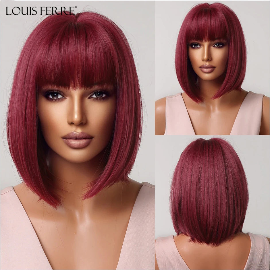 LOUIS FERRE Straight Pink Synthetic Wig for Women Short Bob Wig With Bangs Natural Hair Lolita Cosplay Heat Resistant Fashion