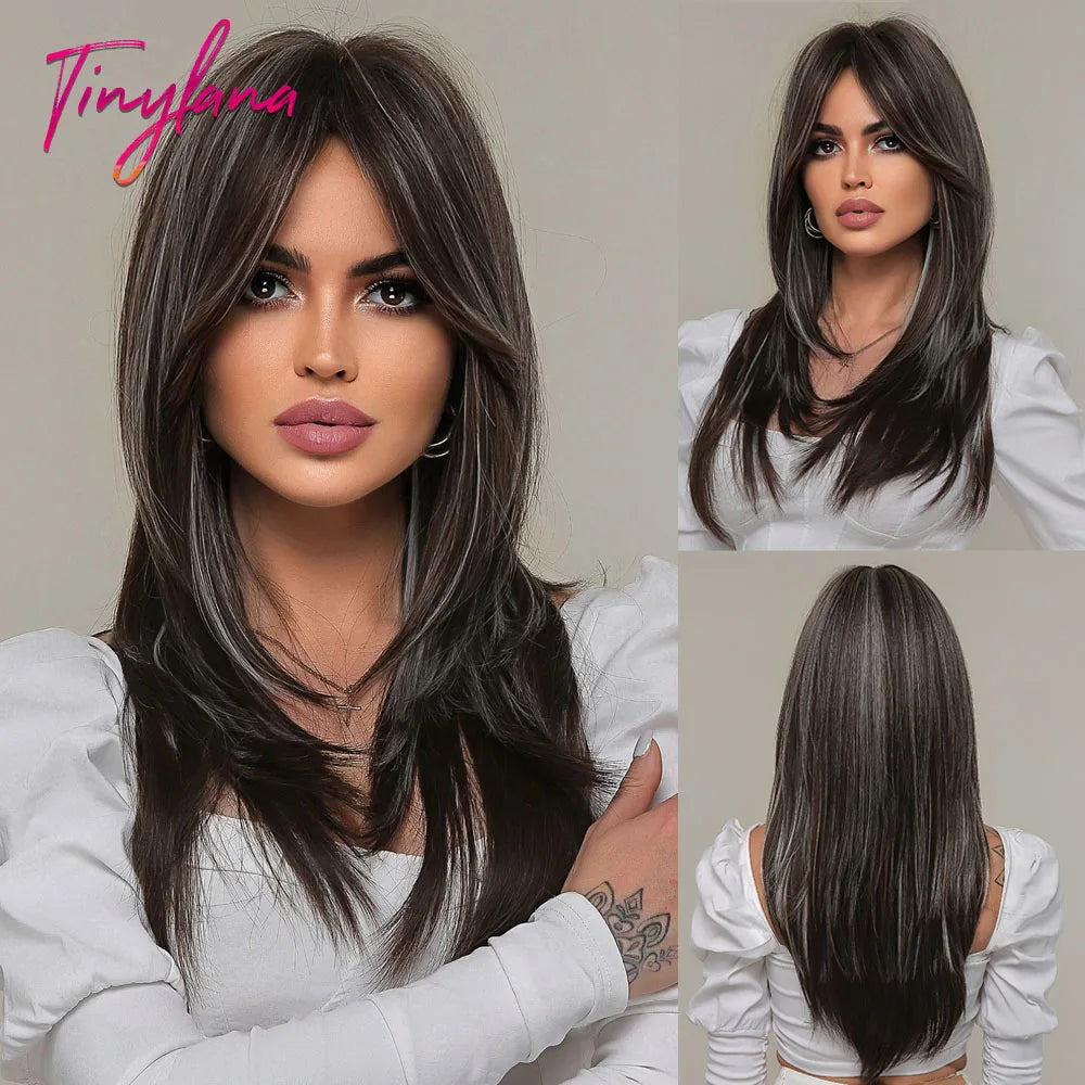 Long Straight Black Purple Synthetic Wig with Bangs Purple Ombre Cosplay Layered Wig for Women Party Heat Resistant Natural Hair