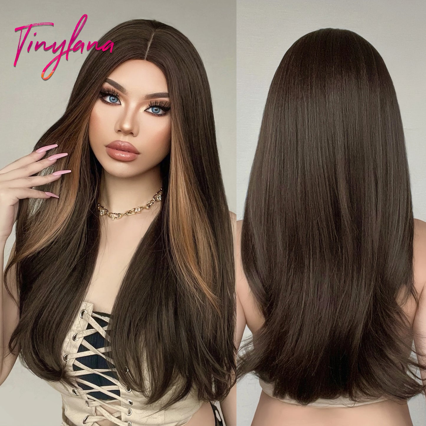 Ombre Gray Brown Synthetic Wigs Long Straight Ash Cosplay Wig with Bangs for Women Afro Natural Party Daily Heat Resistant Hair