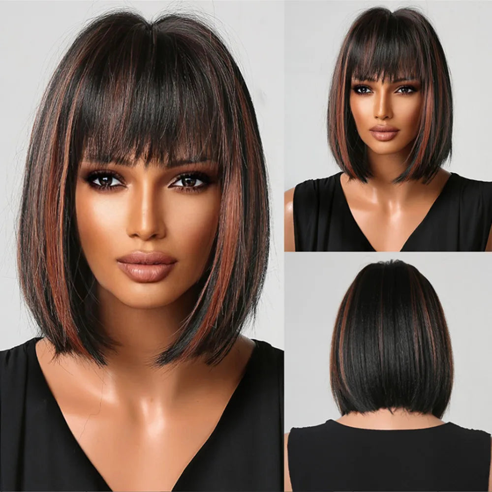 Short Straight Synthetic Wigs Black Mixed Ginger Orange Wigs for Women Natural Hair With Bangs Heat Resistant Daily Cosplay Wigs