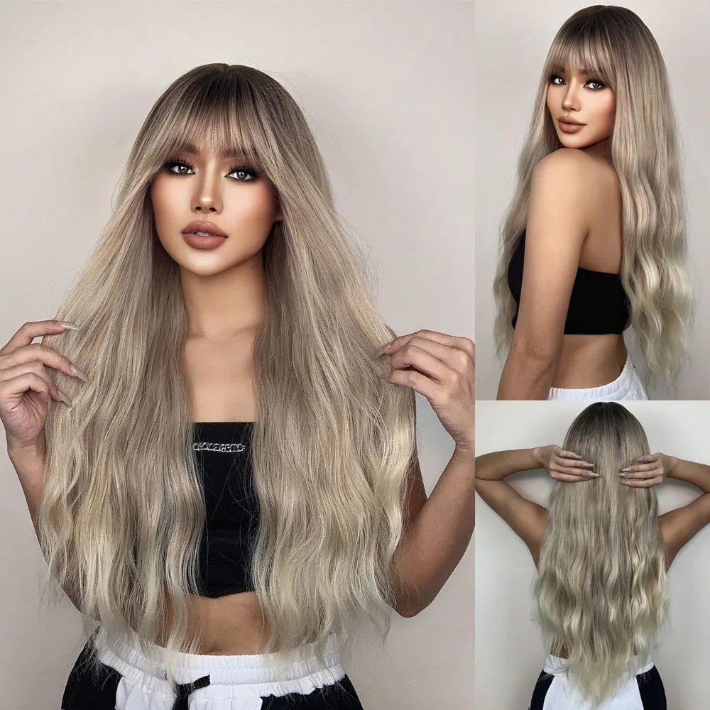 HENRY MARGU Long Natural Wavy Platinum Blonde Wigs with Bangs Cosplay Party Lolita Synthetic Wigs for Women Heat Resistant Fiber