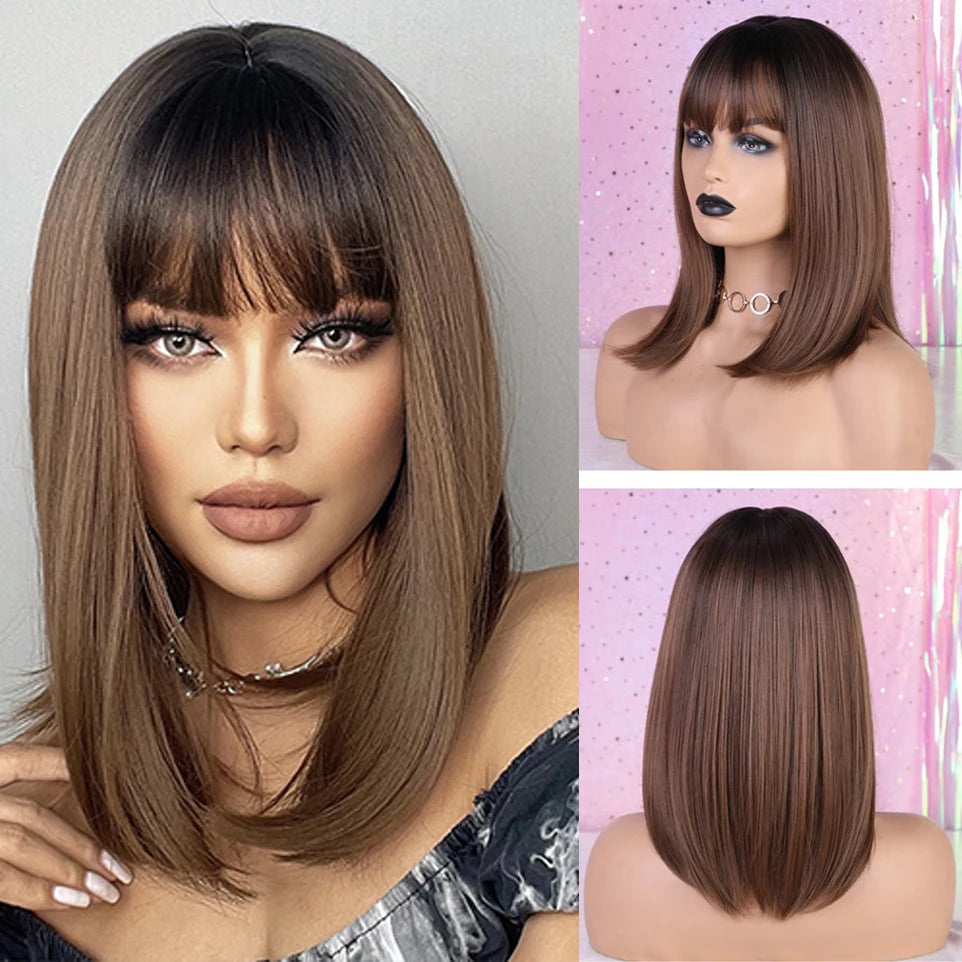 LOUIS FERRE Blonde Short Bob Wigs with Bangs Heat Resistant Synthetic Daily Cosplay Ombre Blonde Hair Wigs for White/Black Women