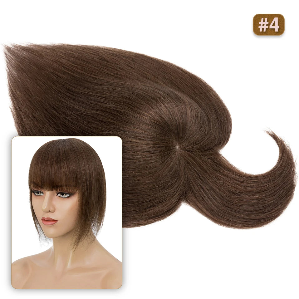 S-noilite 8.5x8.5cm Hair Topper Human Hair Cilp Center Crown Wig With Bangs Clip In Natural Hair Extension Hair Vortex Hairpiece