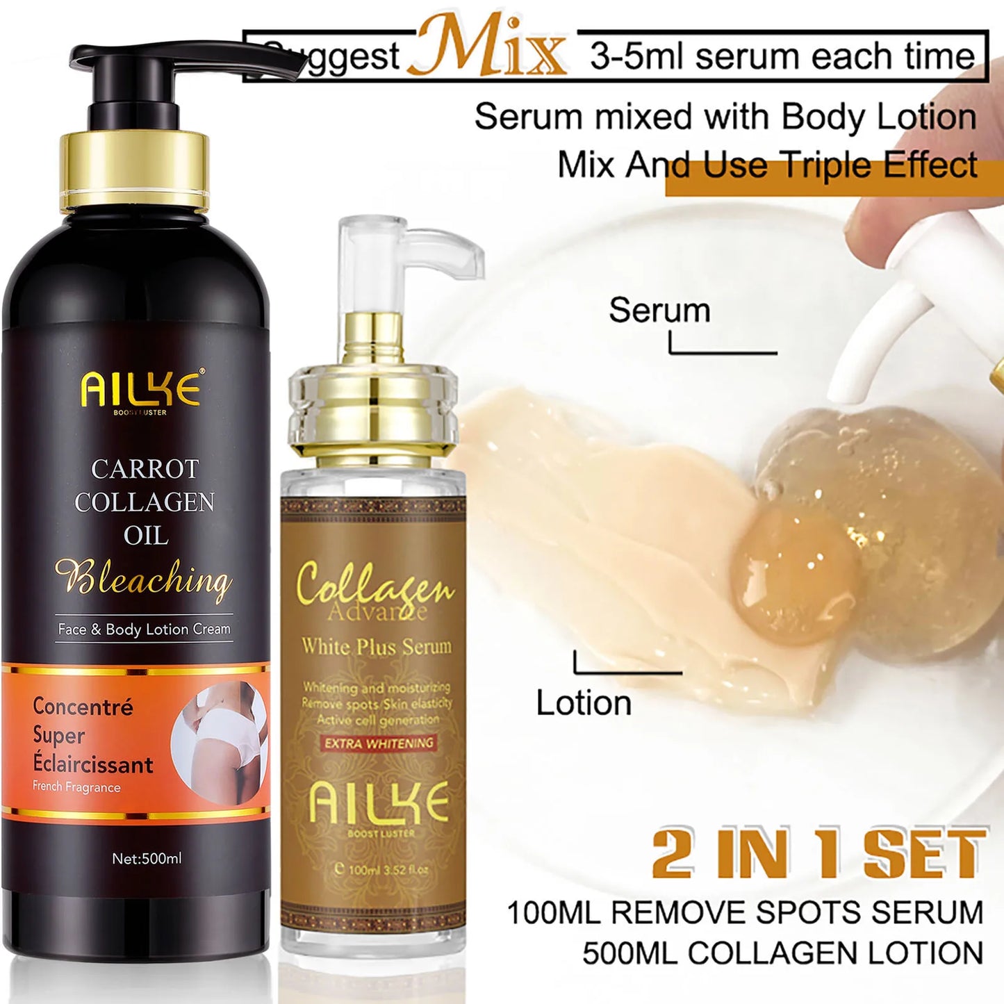 AILKE Skin Whitening Face Serum, Reduce Spots, Moisturizing, Even Skin Tone, With Organic Collagen, Skin Lightening Body Serum