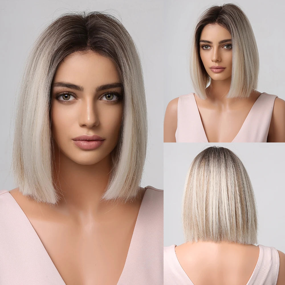 HENRY MARGU Ombre White Blonde Bob Synthetic Wig Short Straight with Bangs Natural Hair Wig for Women Cosplay Wig Heat Resistant
