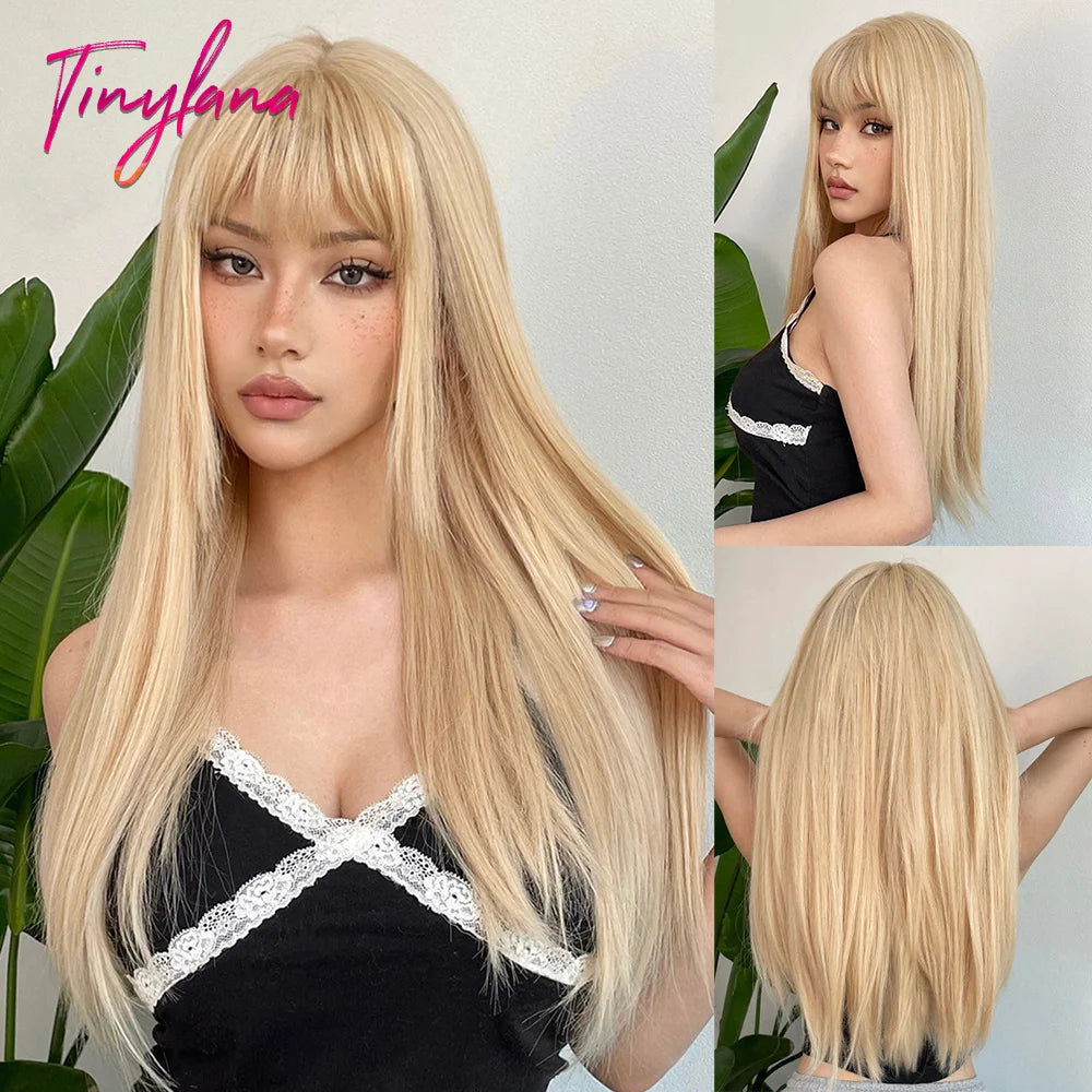 Long Straight Pink Mixed White Synthetic Wigs with Bangs Halloween Cosplay Colorful Wigs for Women Natural Hair Heat Resistant