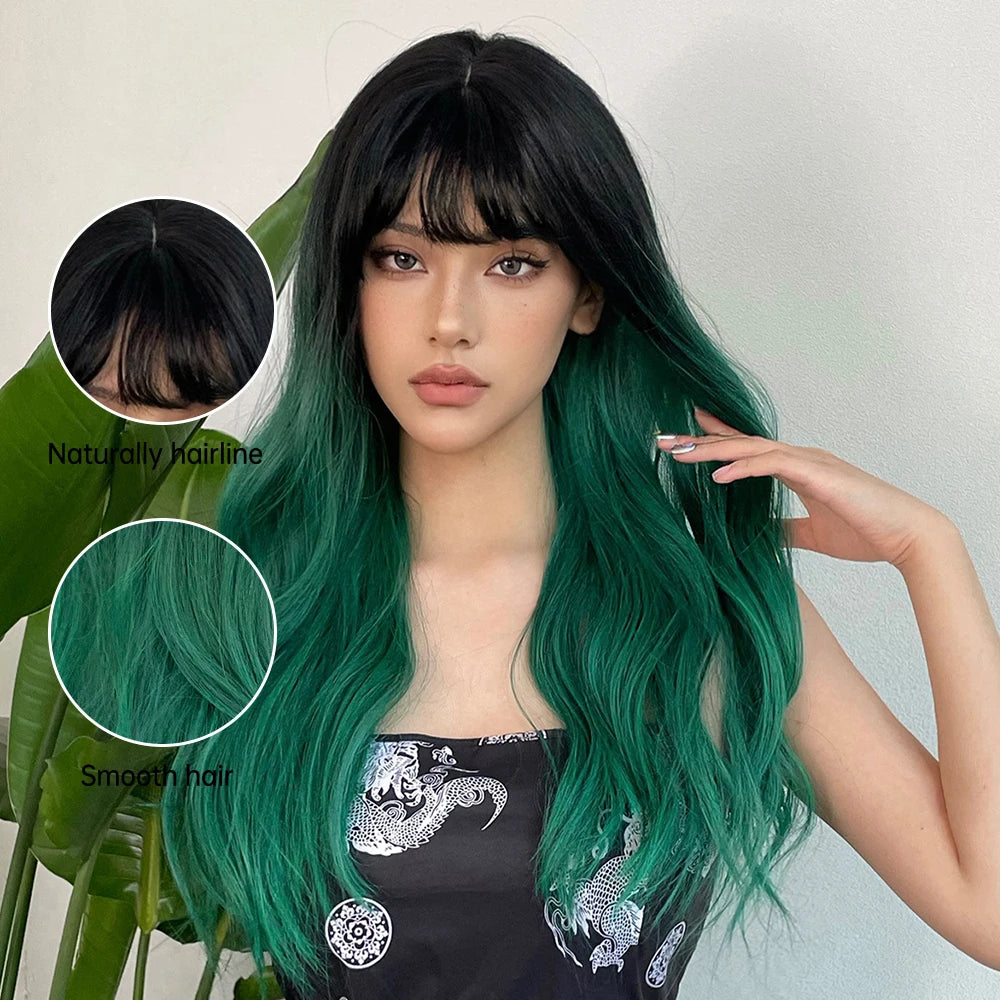 LOUIS FERRE Synthetic Black Green Ombre Long Wavy Curly Wig for Women Natural Hair With Bangs Cosplay Party Heat Resistant Wig