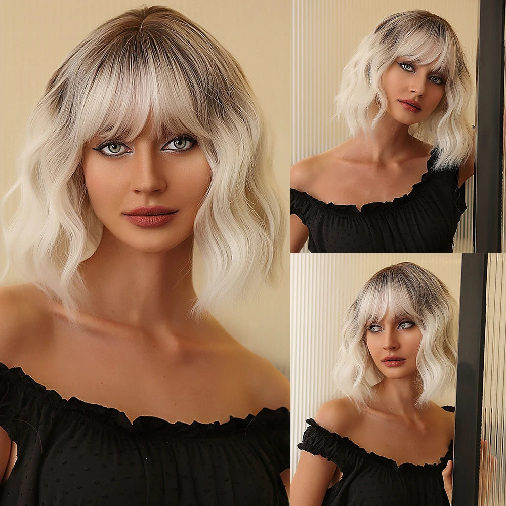 Gray Purple Pink Short Bob Synthetic Wigs with Bangs Curly Cosplay Ombre Wig for Women Afro Natural Wave Heat Resistant Hair