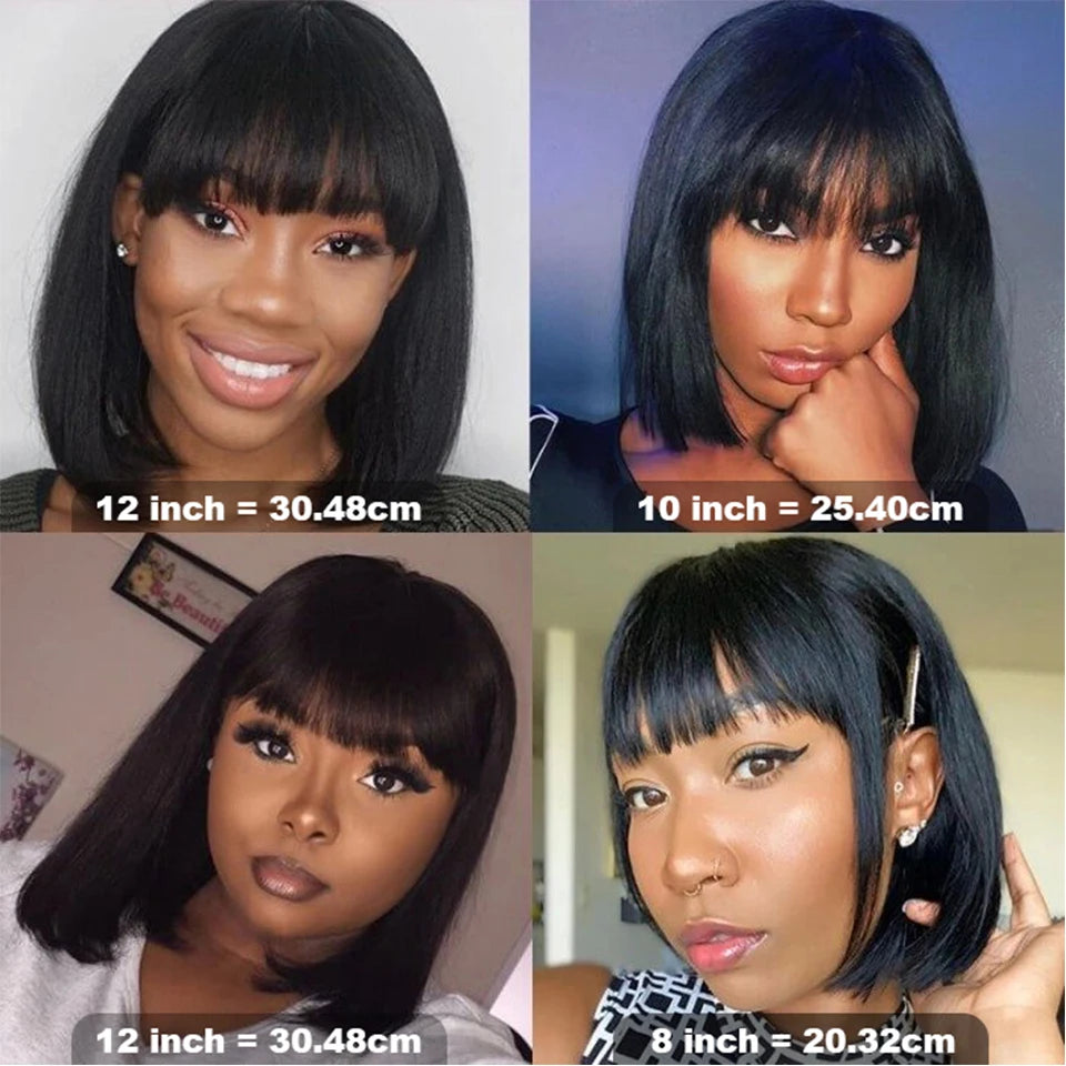 Glueless Bone Straight Short Bob Human Hair Wig With Bangs Brazilian Wigs For Black Women Ready To Wear Cheap On Sale Clearance